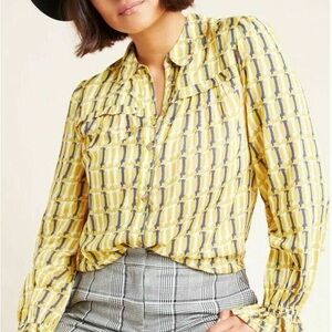 Anthropologie Maeve Yellow and Blue Dachshund Patterned Blouse